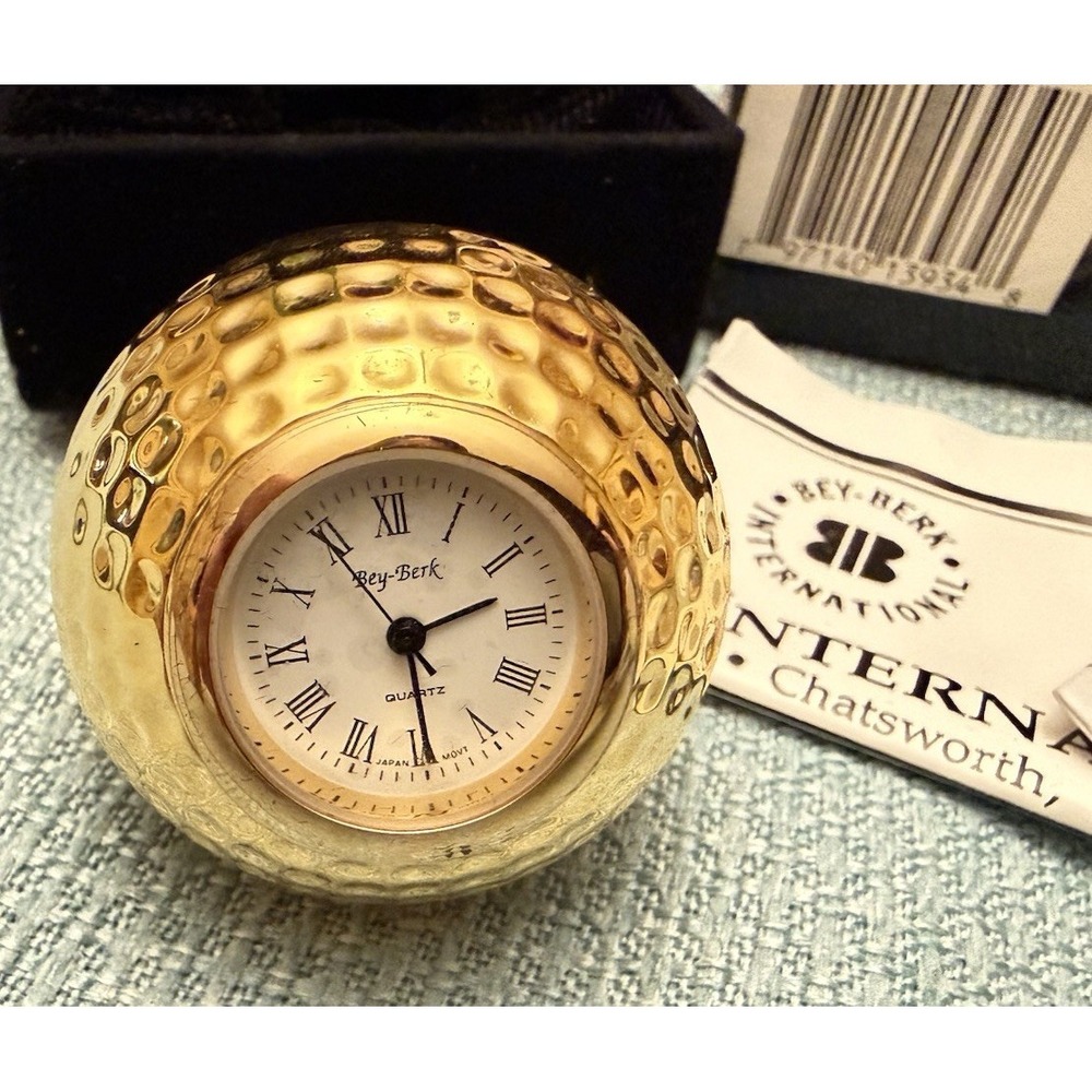 Vintage Bey‑Berk Golf Ball Desk Clock – Gold Tone – Japan Quartz – Box